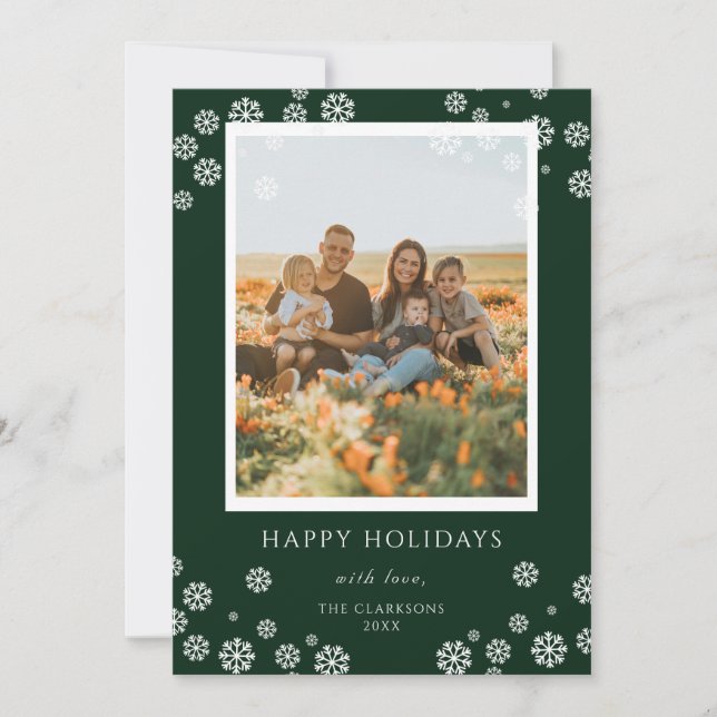 Tarjeta Festiva Dark Green Snowflakes Happy Holiday Card (Anverso)
