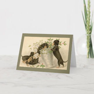 Tarjeta Festiva Daschunds juguetones con la baya y el florero del