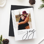 Tarjeta Festiva Dashing Script | Joy | Vertical Photo<br><div class="desc">A modern and elegant holiday card featuring a vertical or portrait-oriented photo accented with thin vertical stripes. "Joy" appears beneath in casual hand lettered script typography. Personalize with your custom holiday greeting,  family name,  and the year. A chic and modern minialist choice for your Christmas 2021 cards.</div>