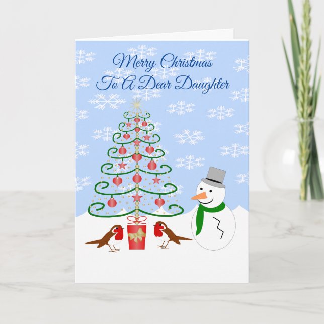Tarjeta Festiva Daughter Christmas Card Snowman Tree And Robins (Anverso)
