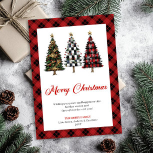 Tarjeta festiva de árbol de Navidad a cuadros de b