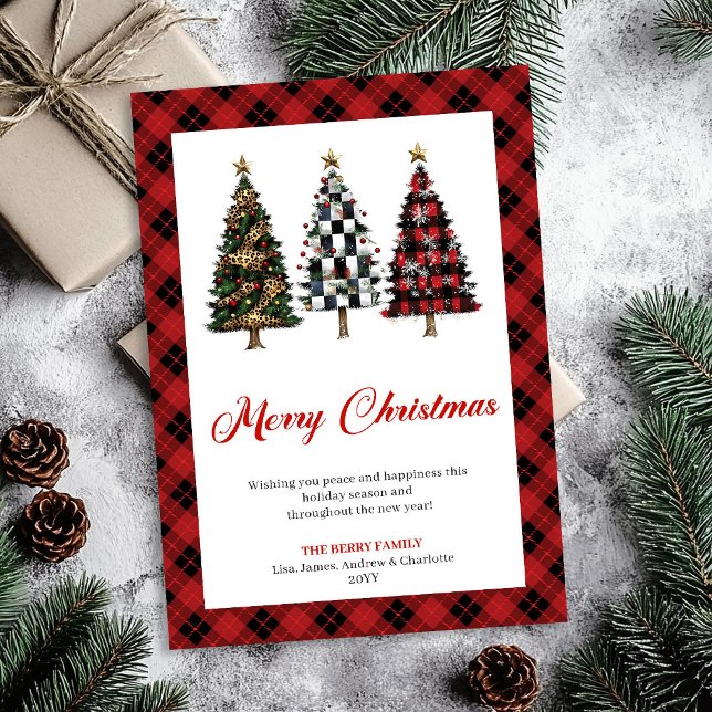 Tarjeta festiva de árbol de Navidad a cuadros de b (Playful Buffalo Plaid Christmas Tree Festive Card)