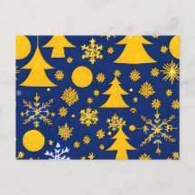Tarjeta festiva de copos de nieve y árboles dorado