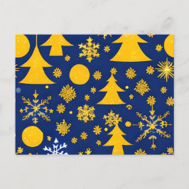 Tarjeta festiva de copos de nieve y árboles dorado