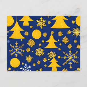 Tarjeta festiva de copos de nieve y árboles dorado
