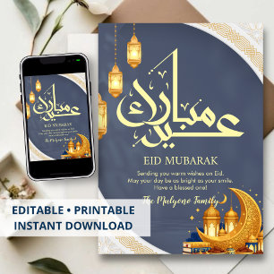 Tarjeta festiva de Eid Mubarak con media luna y li