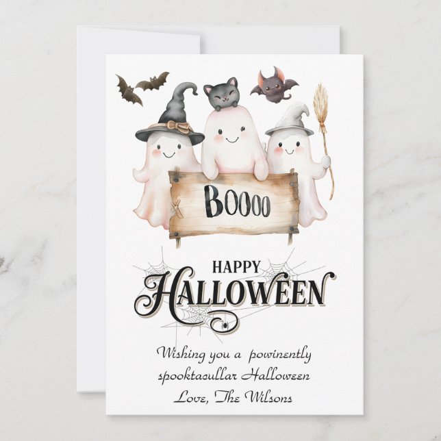 Tarjeta festiva de Halloween caprichosa con bruja  (Anverso)