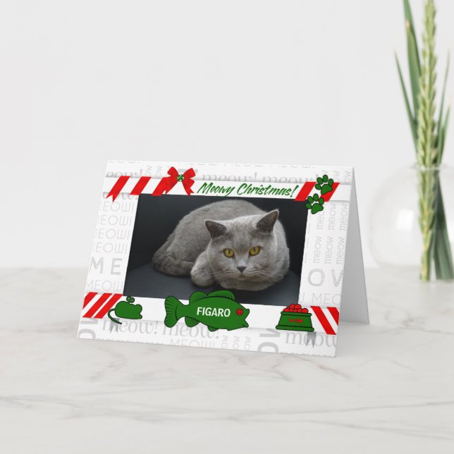 Tarjeta Festiva de la foto horizontal del gato Meowy Navidades (Anverso)