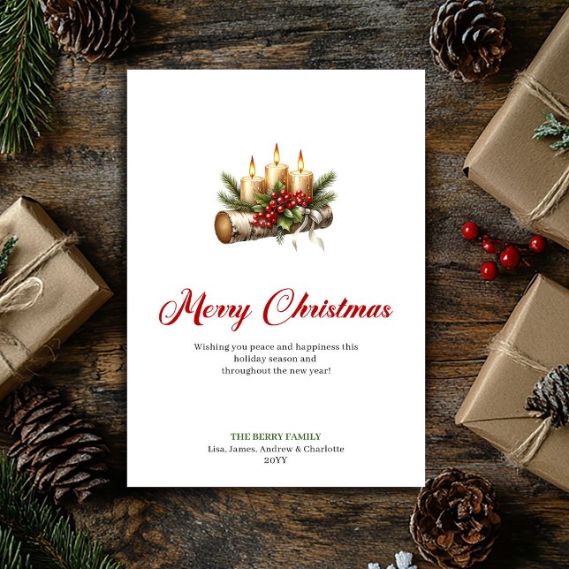 Tarjeta festiva de Navidad con velas y follaje rús (Festive Christmas candles rustic greenery card)