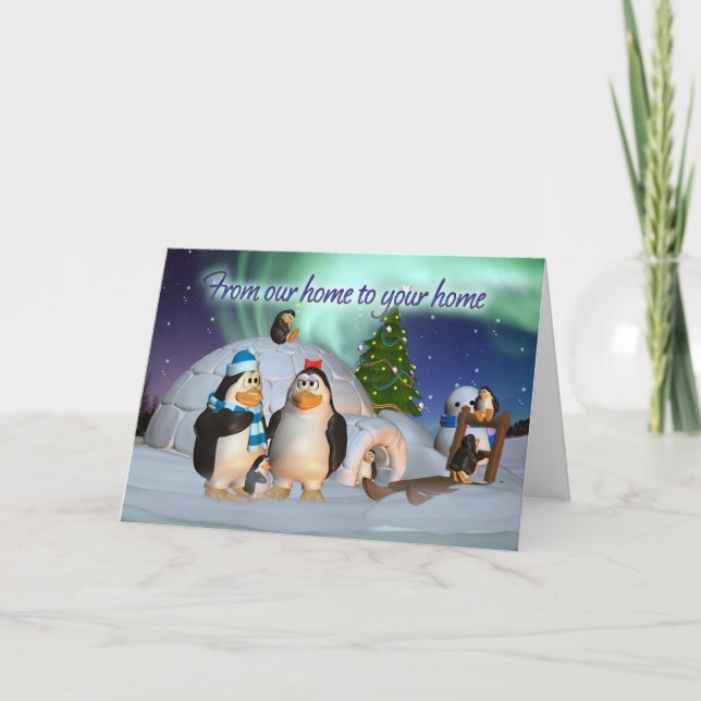 Tarjeta Festiva De nuestra casa a su familia de pingüinos Christma (Anverso)