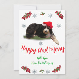 Tarjeta festiva de perro con sombrero de Santa