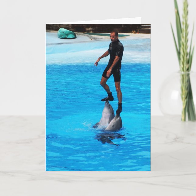 Tarjeta Festiva De pie sobre delfines (Anverso)