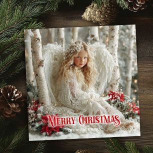 Tarjeta festiva de poinsettias rojas angelicales v