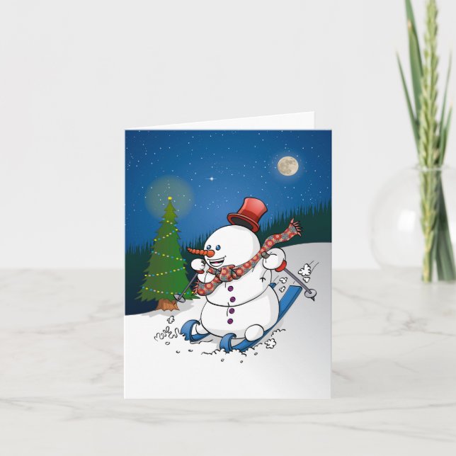Tarjeta Festiva De vrolijke sneeuwpop op ski’s (Anverso)