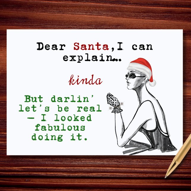 Tarjeta Festiva Dear Santa I Can Explain Kinda Funny Christmas (A bold, stylish holiday card with a fabulously sassy confession.)