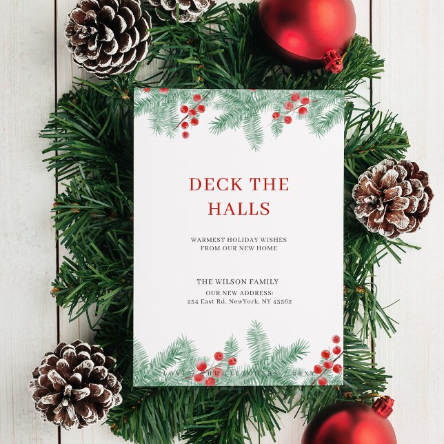 Tarjeta Festiva Deck Los Salones Nueva Dirección Movimiento (Deck The Halls New Address Moving Holiday Card)