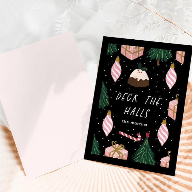 Tarjeta Festiva Deck the Halls Black Pink Holiday Gifts Navidades (Subido por el creador)
