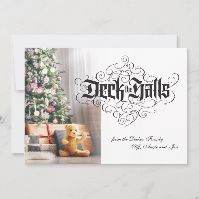 Tarjeta Festiva Deck the Halls Modernas Navidades Negros Lettering (Anverso)