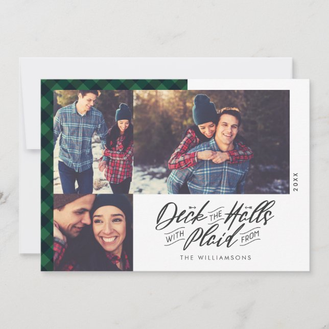 Tarjeta Festiva Deck The Halls | Navidades Green Buffalo Plaid (Anverso)