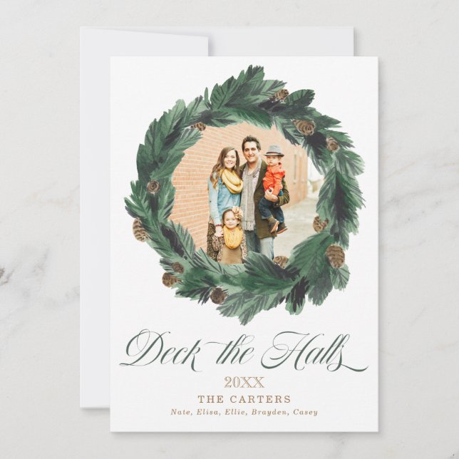Tarjeta Festiva Deck the Halls Pine Wreath Holiday Photo Card (Anverso)