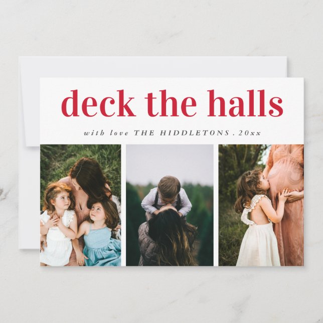 Tarjeta Festiva Deck The Halls Red Script Tres Festejos De Fotogra (Anverso)