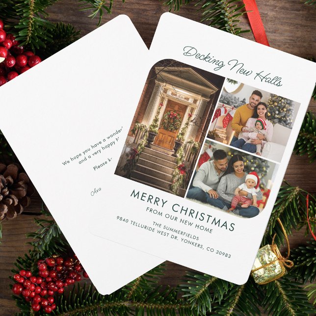 Tarjeta Festiva Declinando nuevos salones hemos movido a Navidades (Decking New Halls Elegant Christmas Family Photo Collage Moving Announcement)