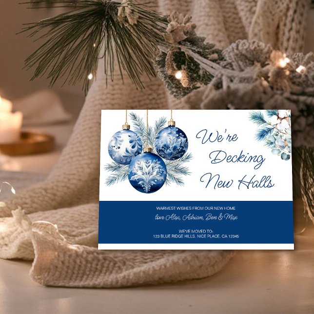 Tarjeta Festiva Declinando nuevos salones hemos trasladado a Navid (Decking New Halls christmas card from the Holiday Moving Announcements Collection by Darling & May)