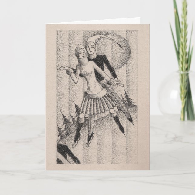 Tarjeta Festiva Deco de los patinadores de hielo de 1920 (Anverso)
