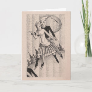 Tarjeta Festiva Deco de los patinadores de hielo de 1920