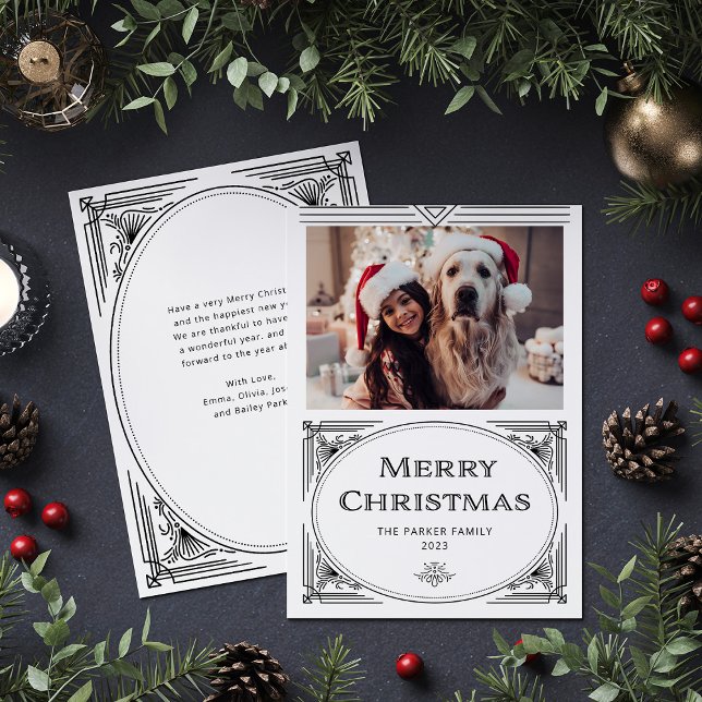Tarjeta Festiva Deco moderno | Elegante negro y blanco con foto (An elegant, art deco style black and white Christmas card)