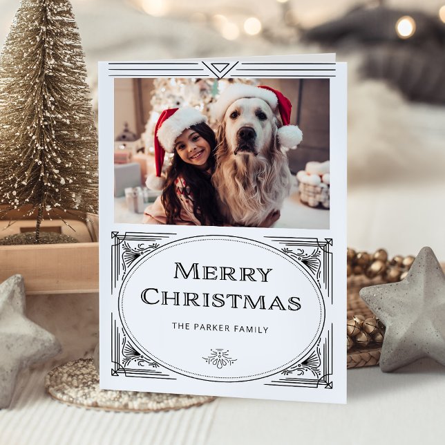 Tarjeta Festiva Deco moderno | Elegante negro y blanco con foto (An elegant, black and white holiday card with classic art deco elements)