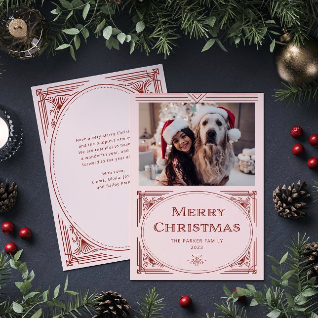 Tarjeta Festiva Deco moderno | Elegante rosa y rojo con foto (An elegant, art deco style Christmas card in red and pink)
