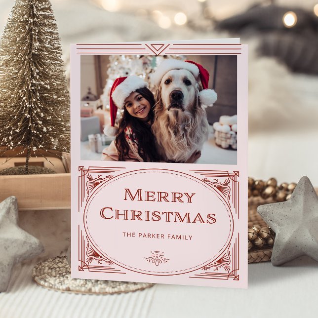 Tarjeta Festiva Deco moderno | Elegante rosa y rojo con foto (A stylish blush pink and red Christmas card with elegant art deco accents)