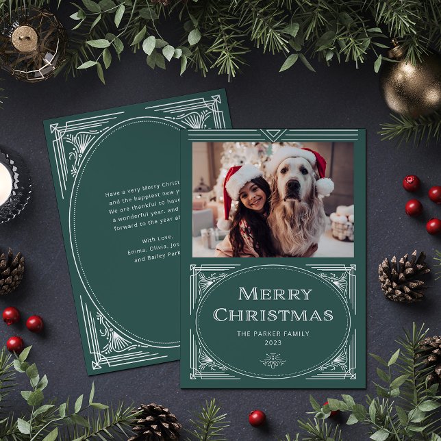 Tarjeta Festiva Deco moderno | Elegante verde con foto (An elegant, art deco style green Christmas card)