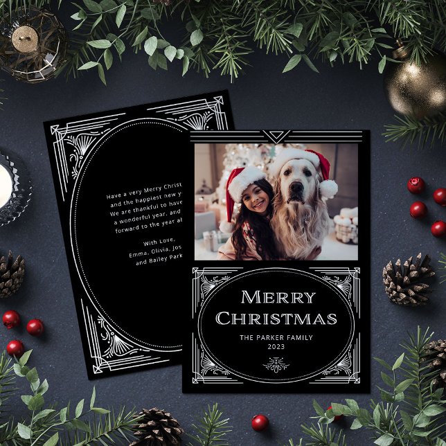 Tarjeta Festiva Deco moderno | Negro elegante con foto (An elegant, art deco style black Christmas card)
