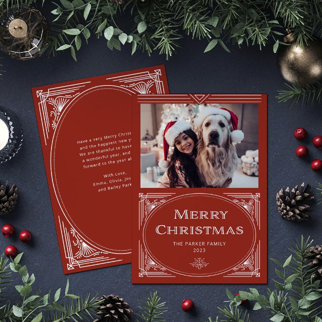 Tarjeta Festiva Deco moderno | Rojo elegante con foto (An elegant, art deco style red Christmas card)