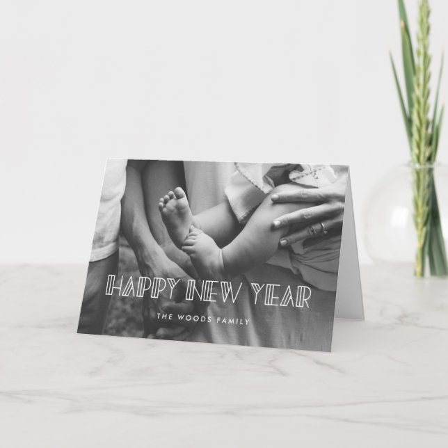 Tarjeta Festiva Decoción de arte retro Feliz Año Nuevo (Anverso)