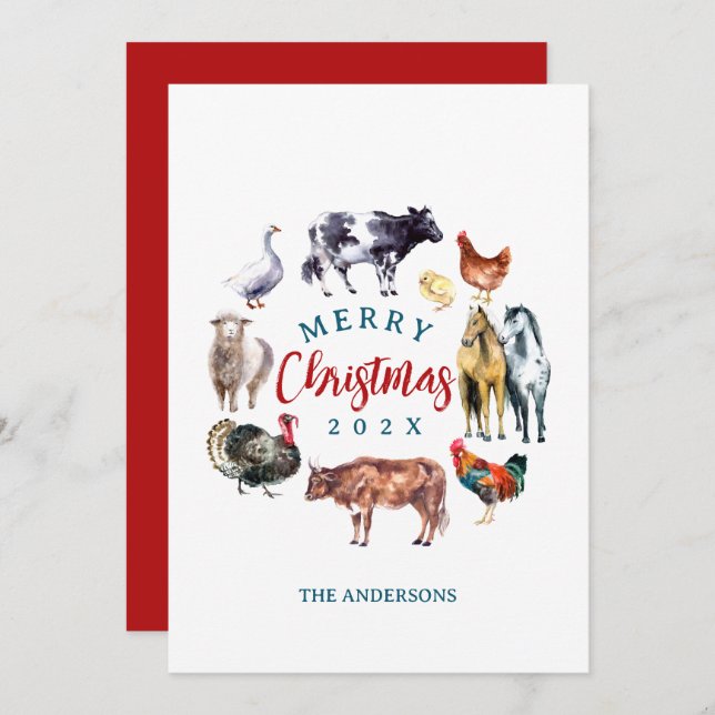 Tarjeta Festiva Decoración de granja de animales en acuarela (Anverso / Reverso)