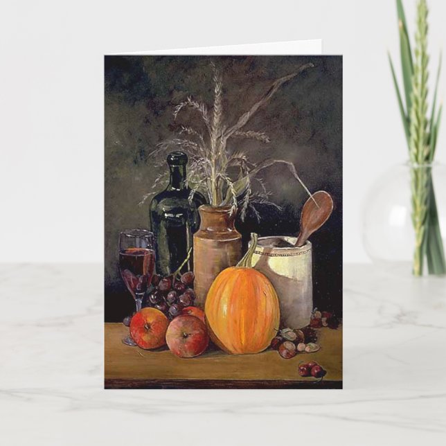 Tarjeta Festiva Decoraciones otoñales en mesa, calabaza, fruta, be (Anverso)