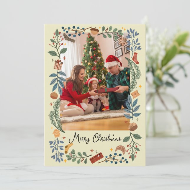 Tarjeta Festiva Decorative frame Merry Christmas beige (Anverso de pie)