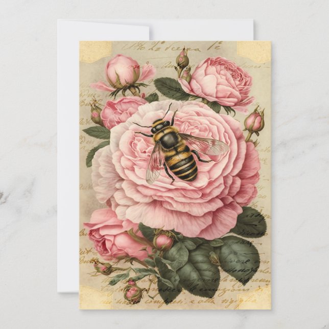 Tarjeta Festiva Decoup de abejas y rosas rosadas (Anverso)