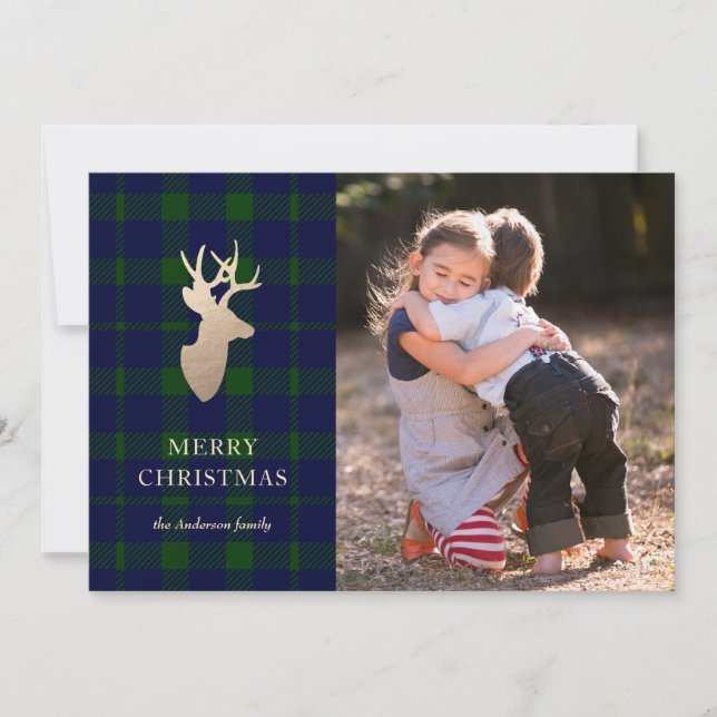 Tarjeta Festiva Deep Forest Plaid Golden Deer Christmas Photo Card (Anverso)