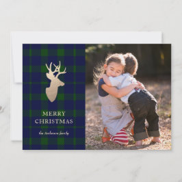 Tarjeta Festiva Deep Forest Plaid Golden Deer Christmas Photo Card