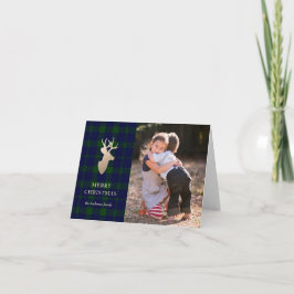 Tarjeta Festiva Deep Forest Plaid Golden Deer Christmas Photo Card
