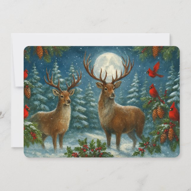 Tarjeta Festiva Deer And Cardinals On A Moon-lit Night Christmas (Anverso)