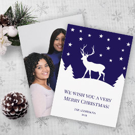 Tarjeta Festiva Deer Blue White Winter Christmas Family Photo