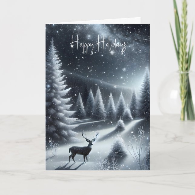 Tarjeta Festiva Deer Buck En El Bosque De Invierno (Anverso)