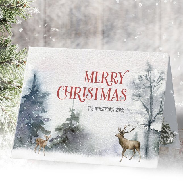Tarjeta Festiva Deer de la selva acuática de invierno (Watercolor Winter Forest Deer Holiday Card ©Susanne Sachers - Sunny Mind Design )