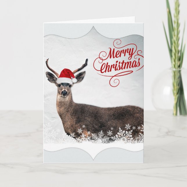 Tarjeta Festiva Deer de Navidades con sombrero Santa (Anverso)