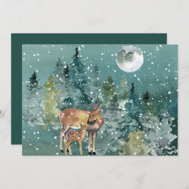 Tarjeta Festiva Deer Doe Fawn Forest Full Moon Snowfall Watercolor